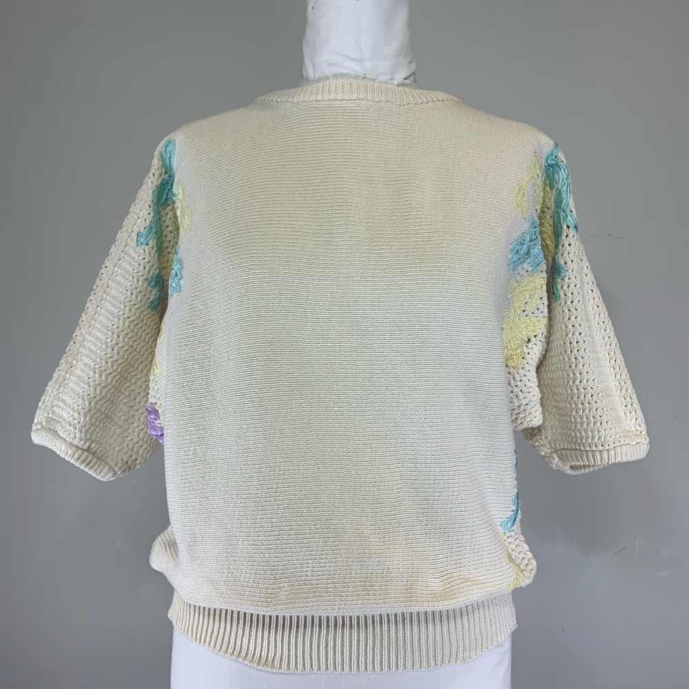 Vintage Kyouko Design Studio Pastel Floral Embroidered Cotton Knit Sweater